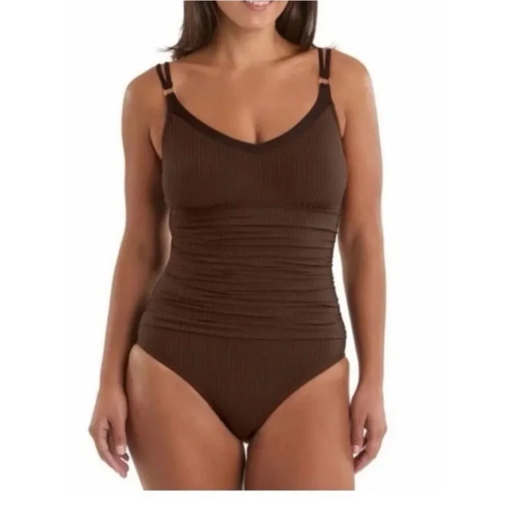 Ellen Tracy Ribbed Brown V-Neck One-Piece Swimsuit